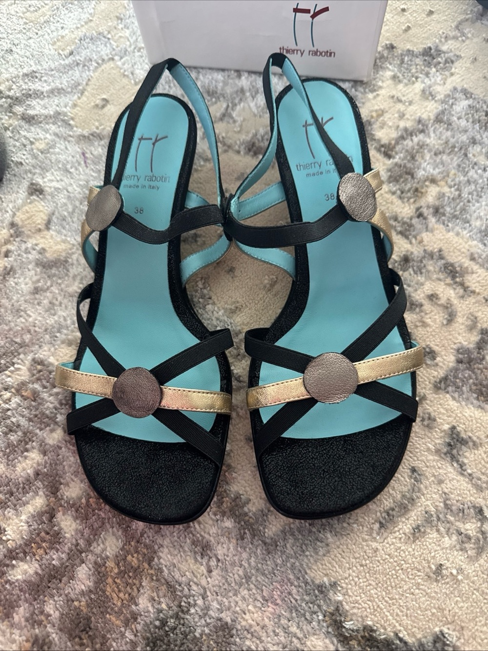 Thierry Rabotin Black and Gold Accent Strappy Sandals